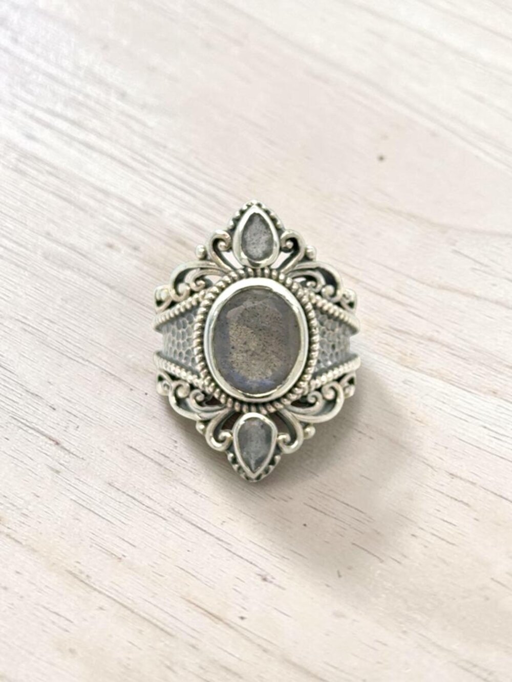 Oval and Pear Labradorite Ring in 925 Sterling Silver